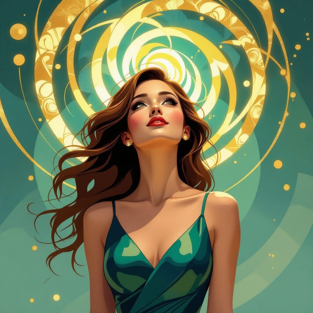 Golden Spirals of Light Emanate Around Woman in Deco-Nouveau...