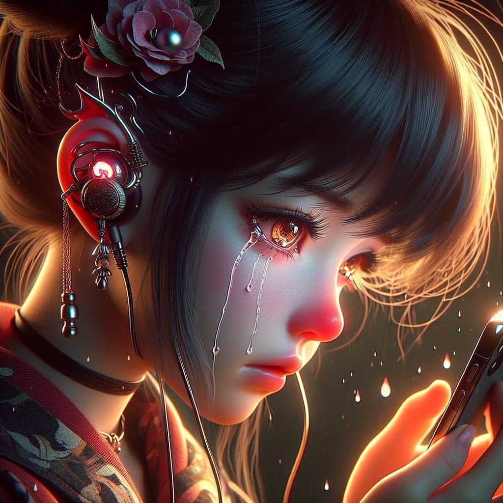 Crying Girl with Phone: Hyperrealistic Digital Art