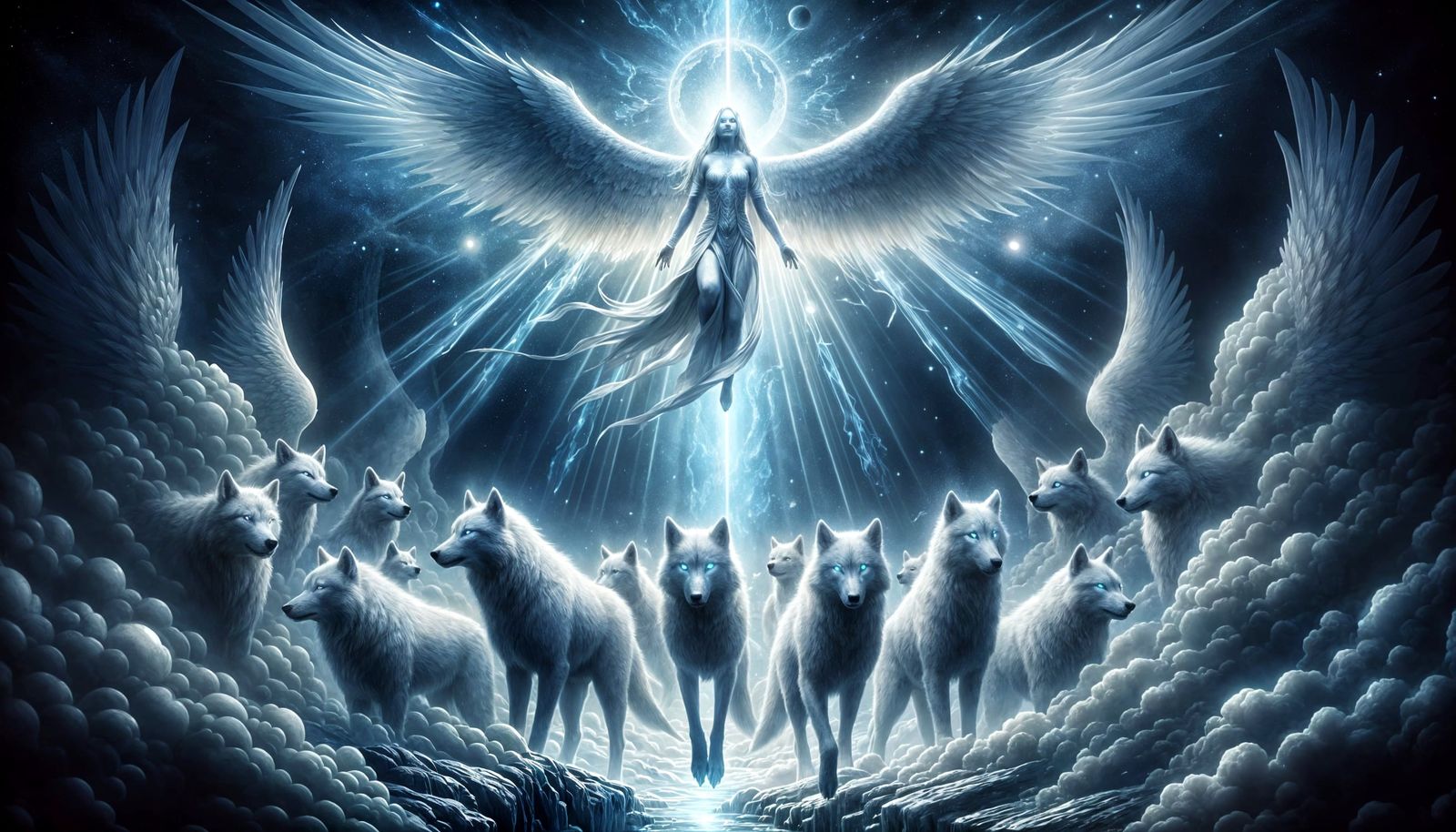 Celestial Moonlight Blessing Spectral Wolves in Ethereal Art