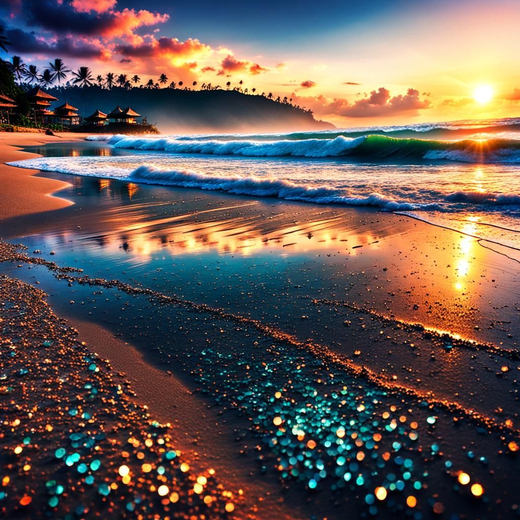 Glittering Bali Beach Sunset in Hyperrealistic Style