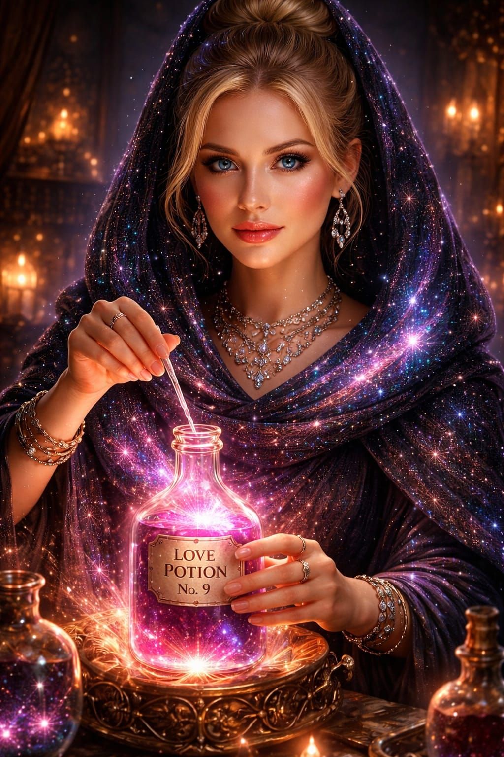 Mystical Love Potion Creation in Luminous Style