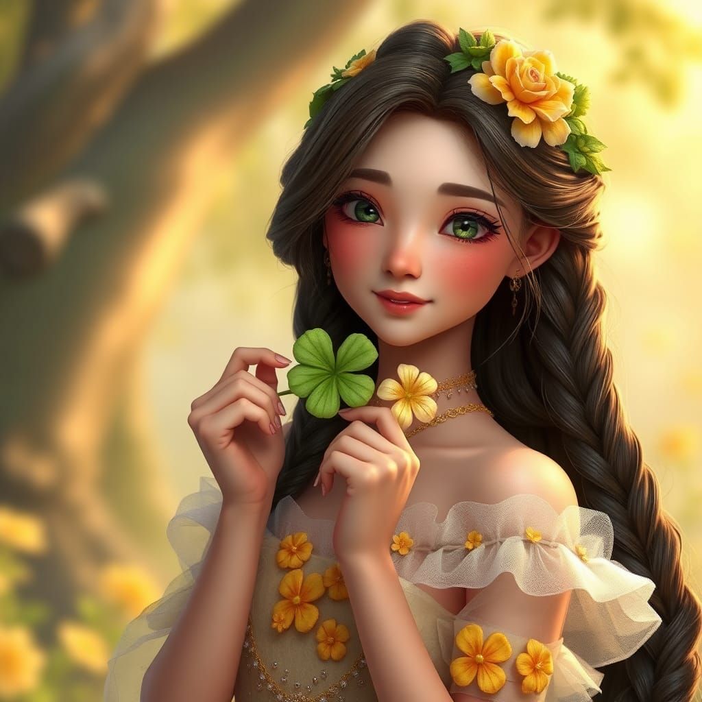 Woman with Braids, Floral Crown, Clover Dress: Fantasy Art