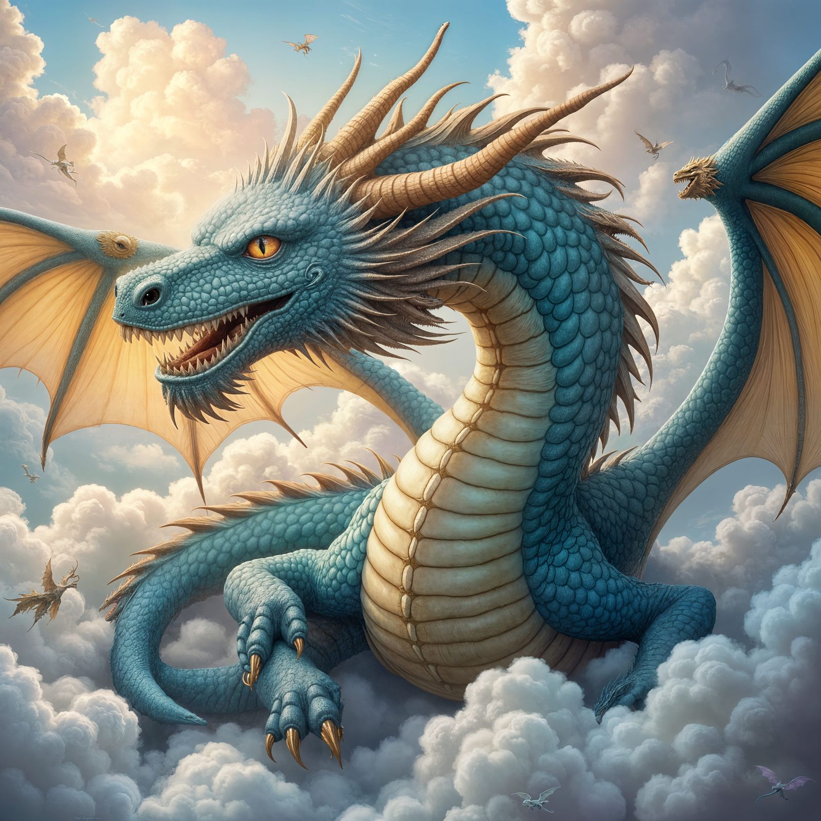 Ethereal Dragon in Misty Cloudscape, Fantasy Art