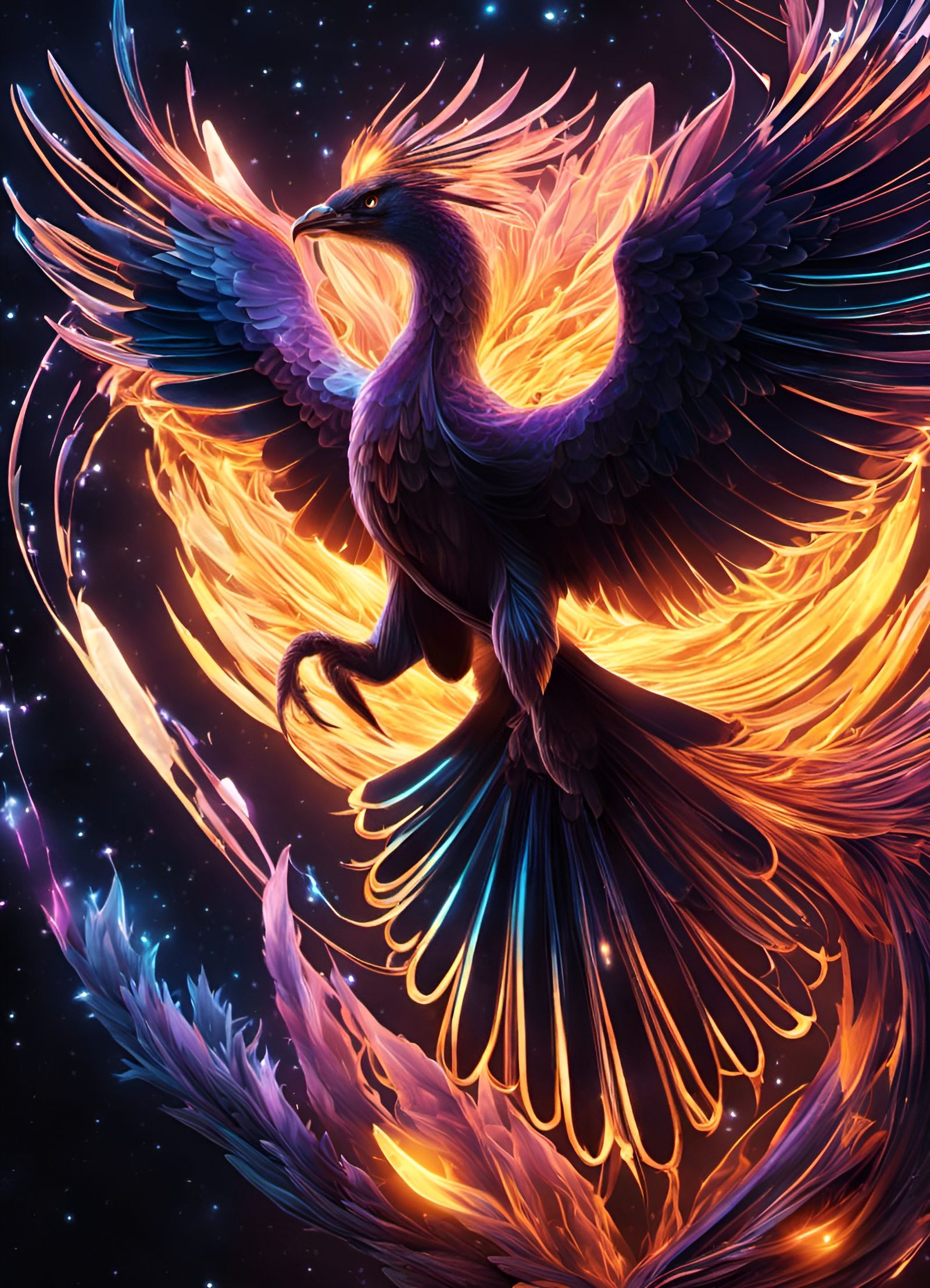 Bioluminescent Phoenix in Geometric Flames