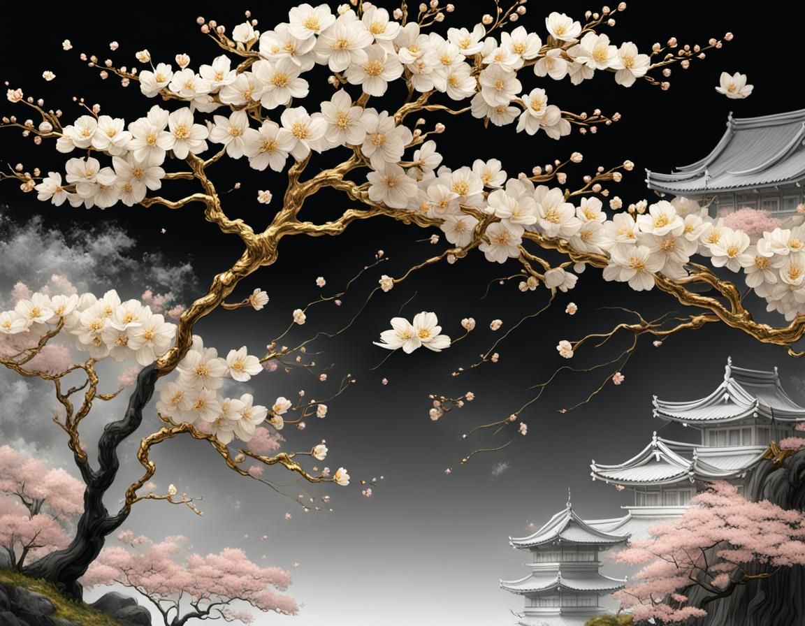 Transparent Japanese Landscape with Cherry Blossoms