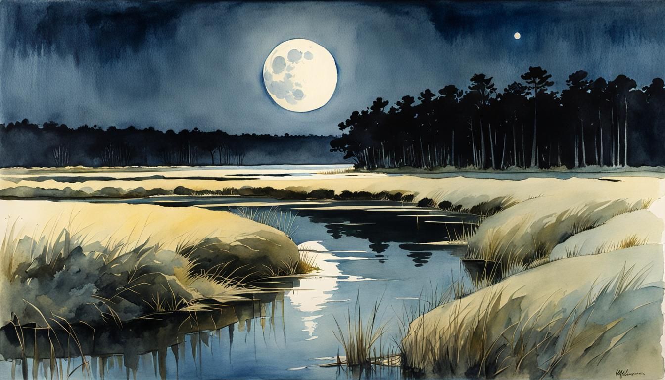 Watercolor Full Moon Over Marsh Landscape