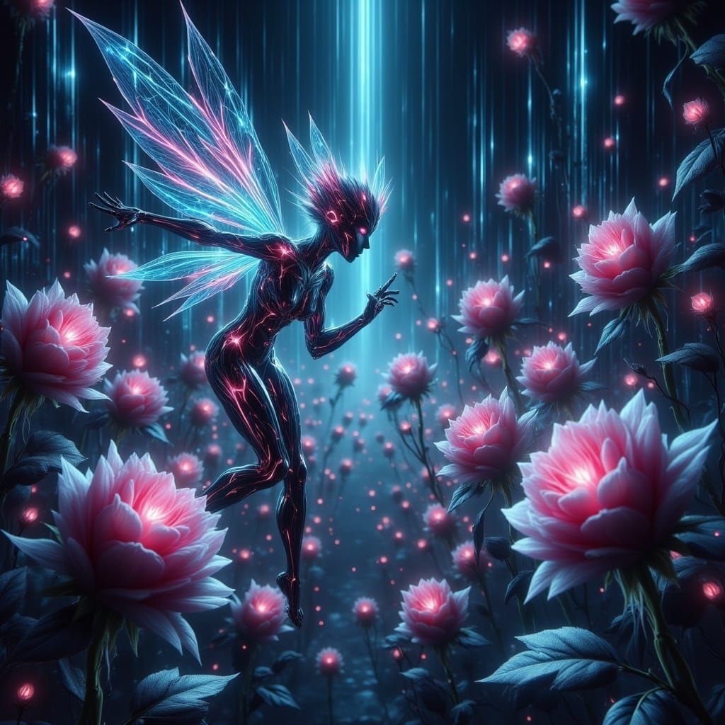 Cybernetic Fairy in a Futuristic Garden with Neon-Lit Vines