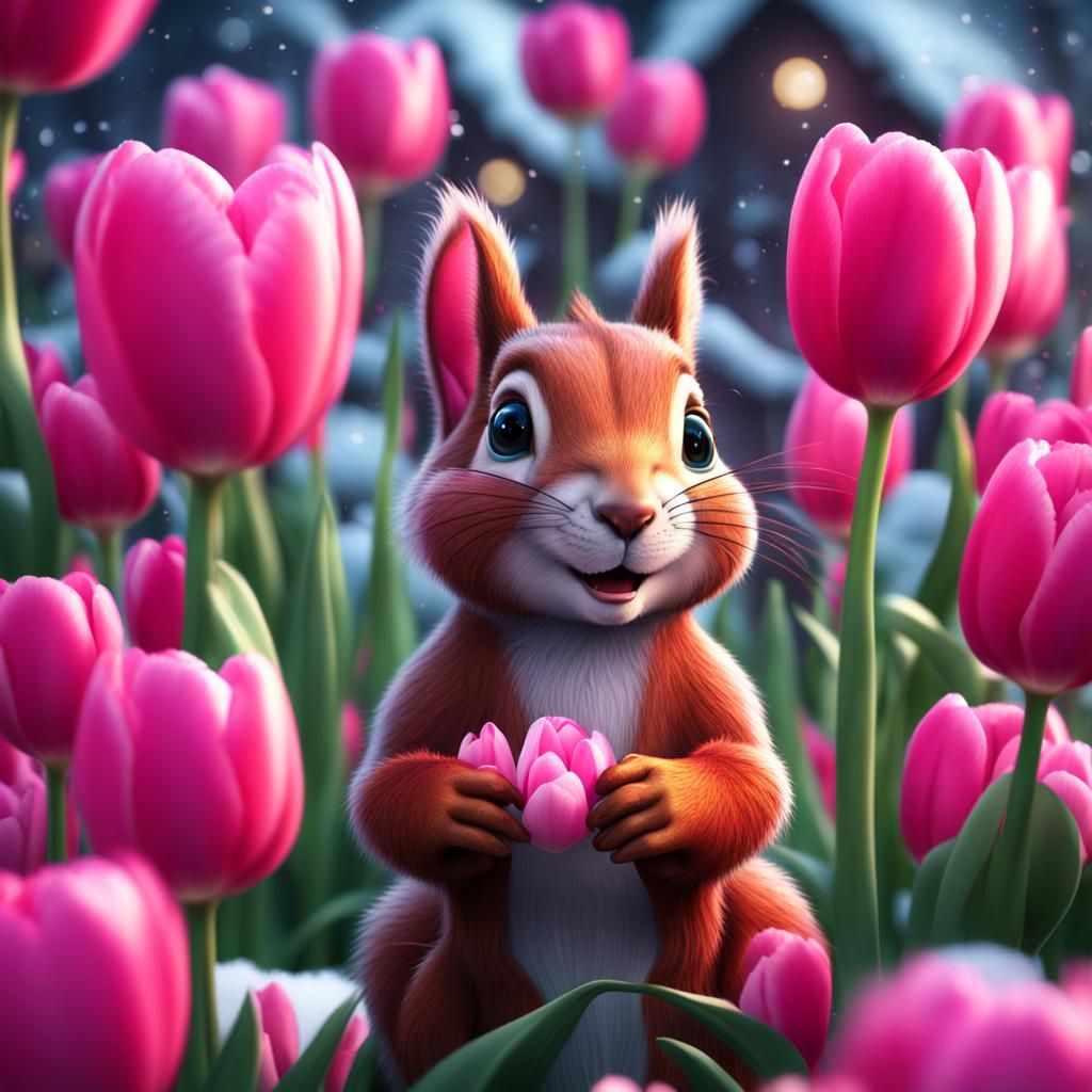 Squirrel with Tulips: Detailed Matte Painting in 8K