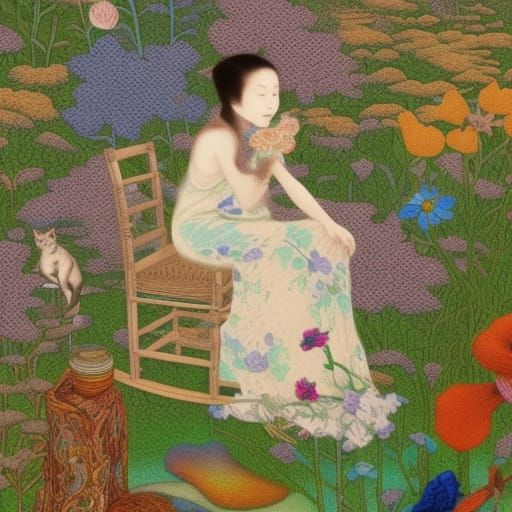 Woman Crocheting in Floral Scene with Warped Perspective