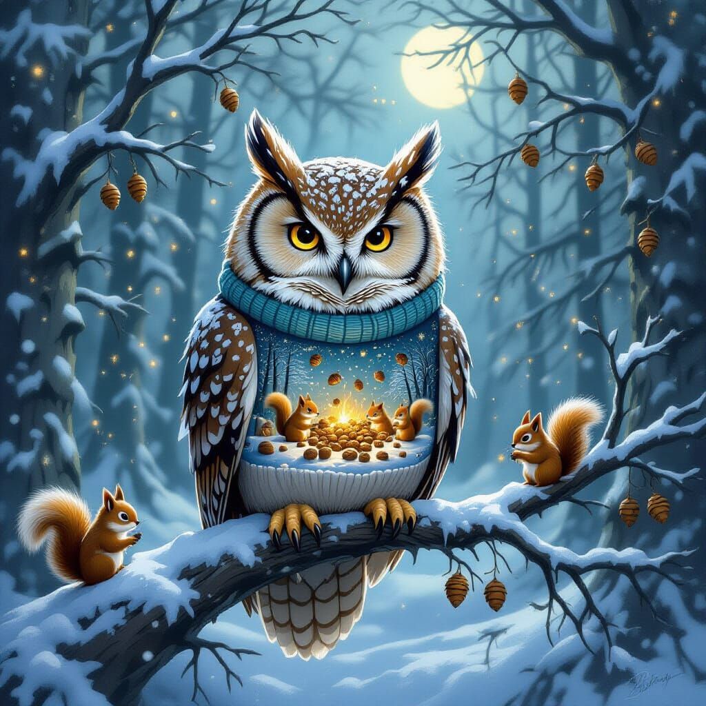 Wise Owl in Mystical Forest with Glitter Blizzard