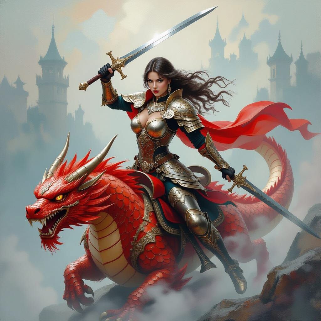 Female Warrior on Dragon in Impasto Oil Painting Style