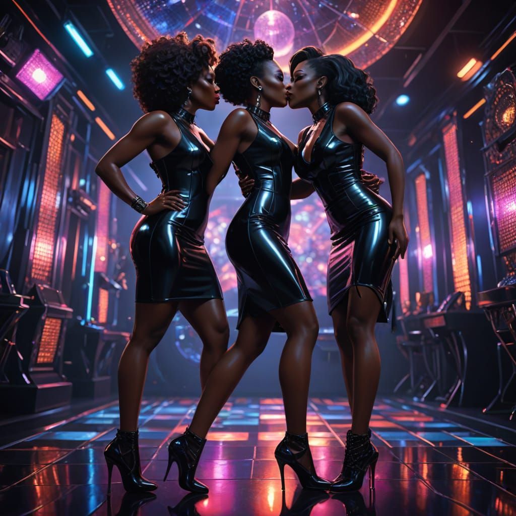 Two Ebony Women Embracing in Futuristic Attire