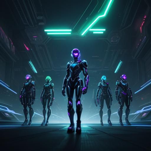 Neon Cyborg Squad in Sci-Fi Cityscape