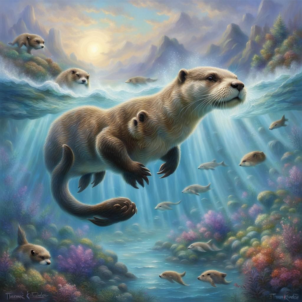 Ethereal Otter Swimming in Misty Sea, Luminism Style