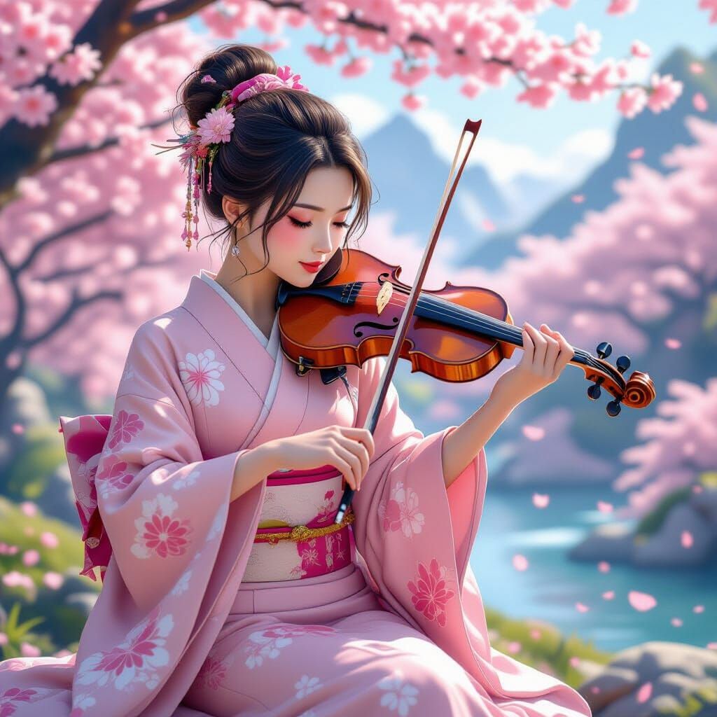 Japanese Violinist in Whimsical Blossom Landscape
