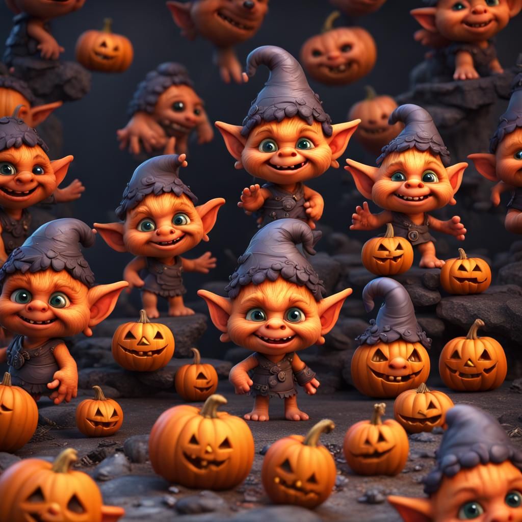 Hyperrealistic Halloween Chibi Trolls in Detailed Digital Ar...