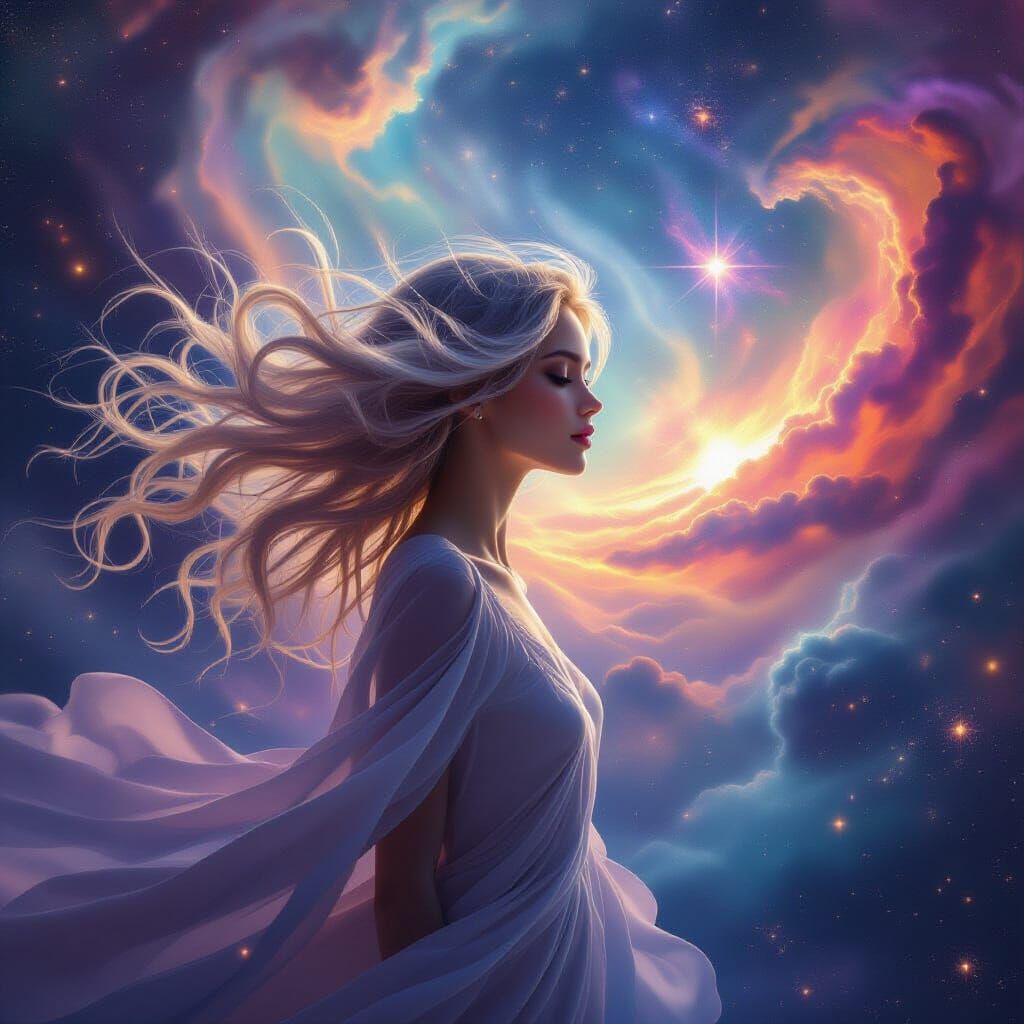 Ethereal Woman Drifting Through Cosmic Astral Realm
