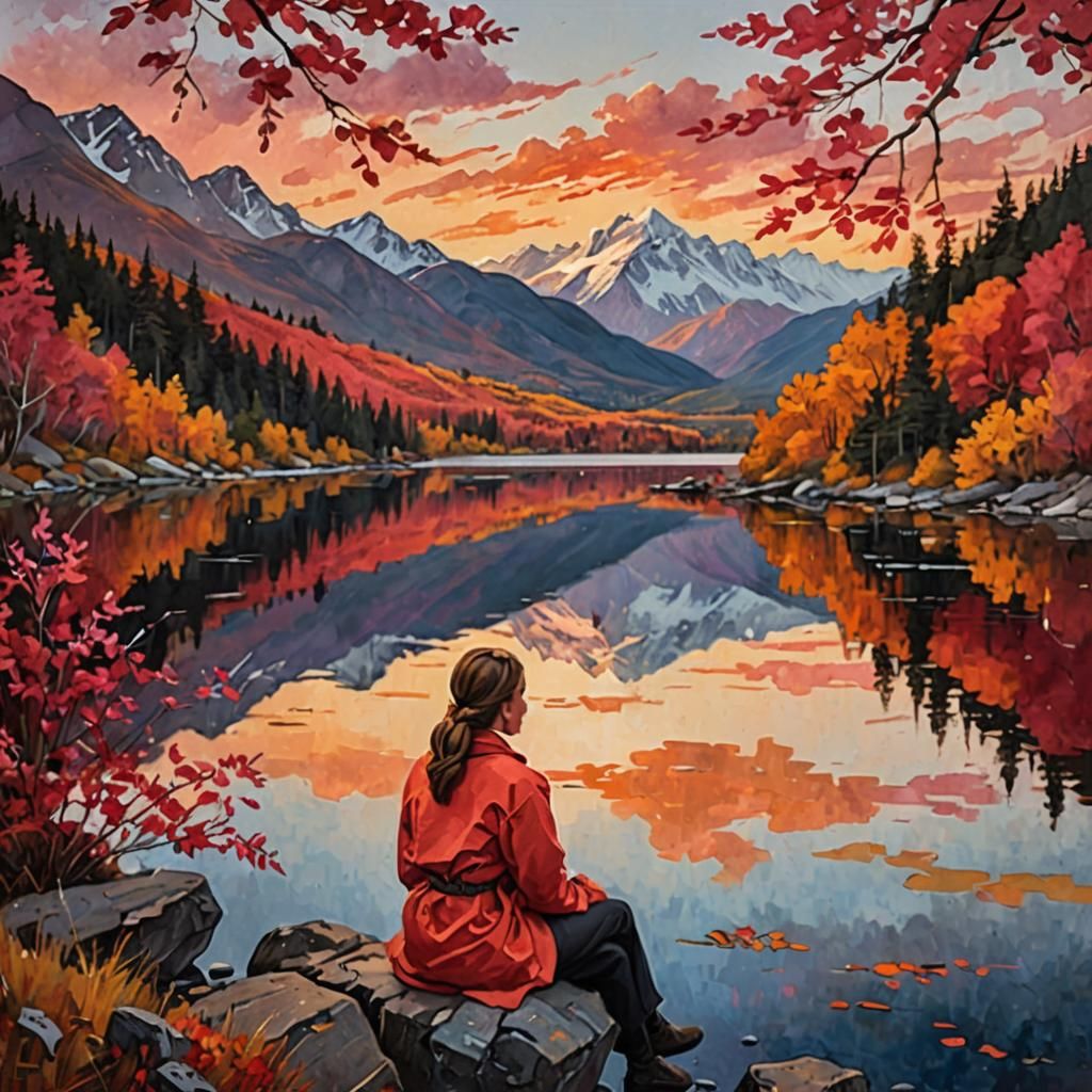 Autumnal Lake Scene with Mountains in Romantic Style