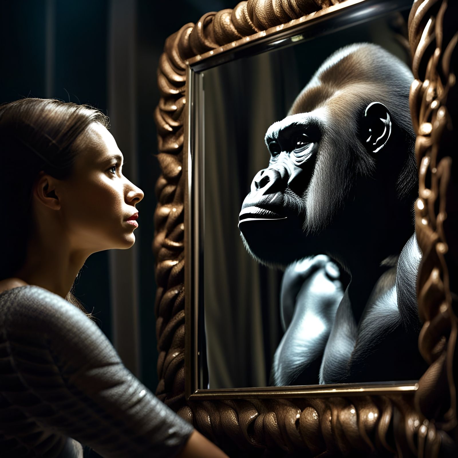 Woman and Gorilla Reflection: Hyperrealistic HDR Image