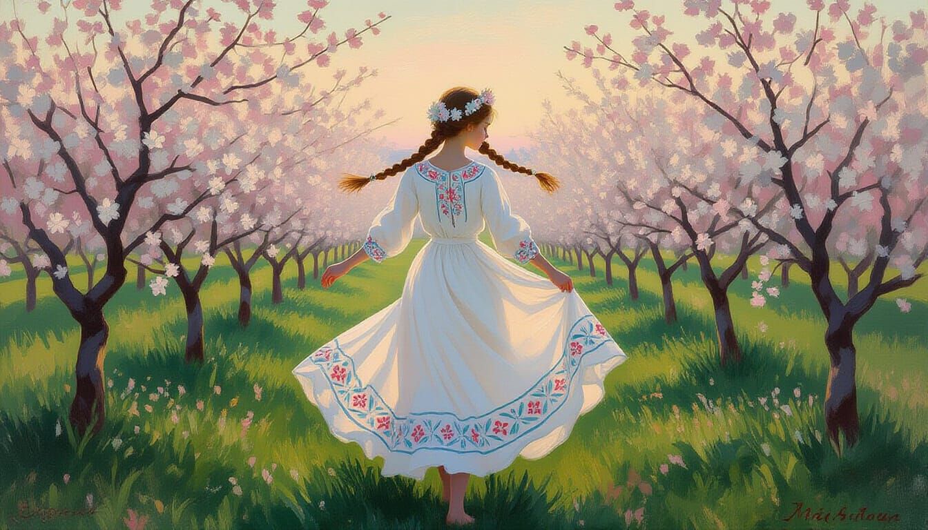 Girl Dancing in Pastel Cherry Orchard Painting