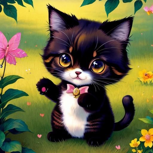 Chibi Cat Plays with Butterfly in Stardust Sunlight