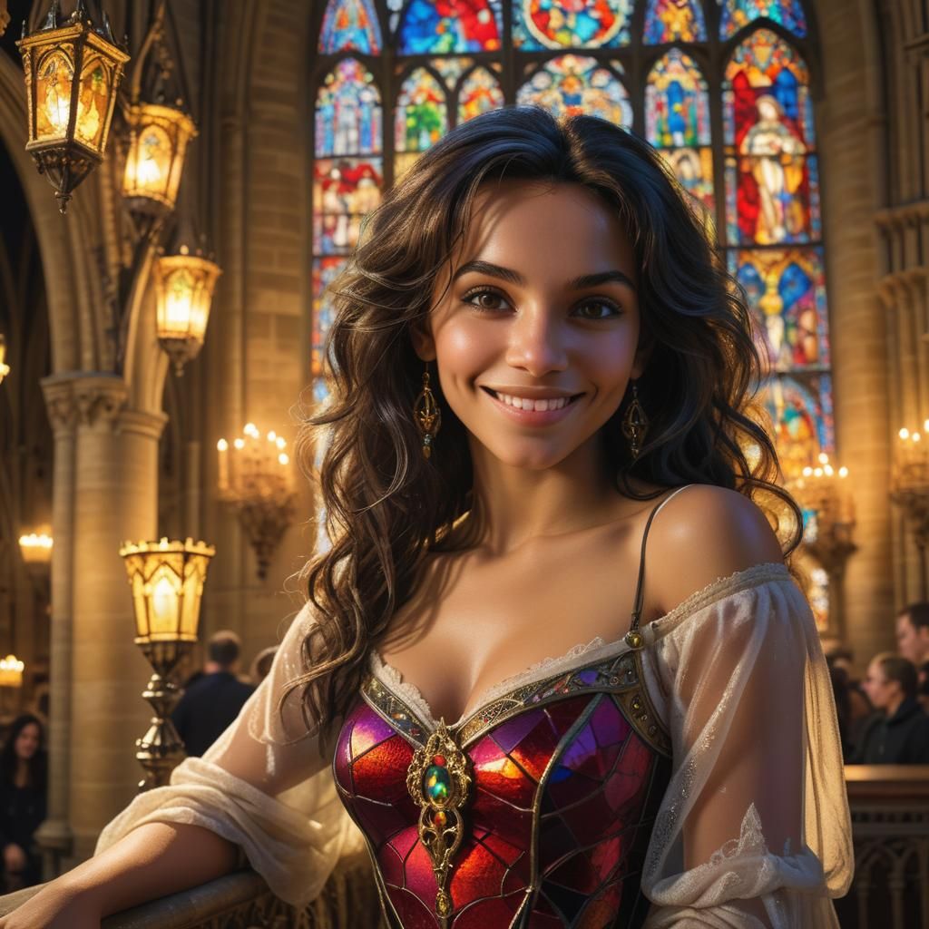 Esmeralda's Radiant Smile at Notre Dame: Hyperrealistic Port...