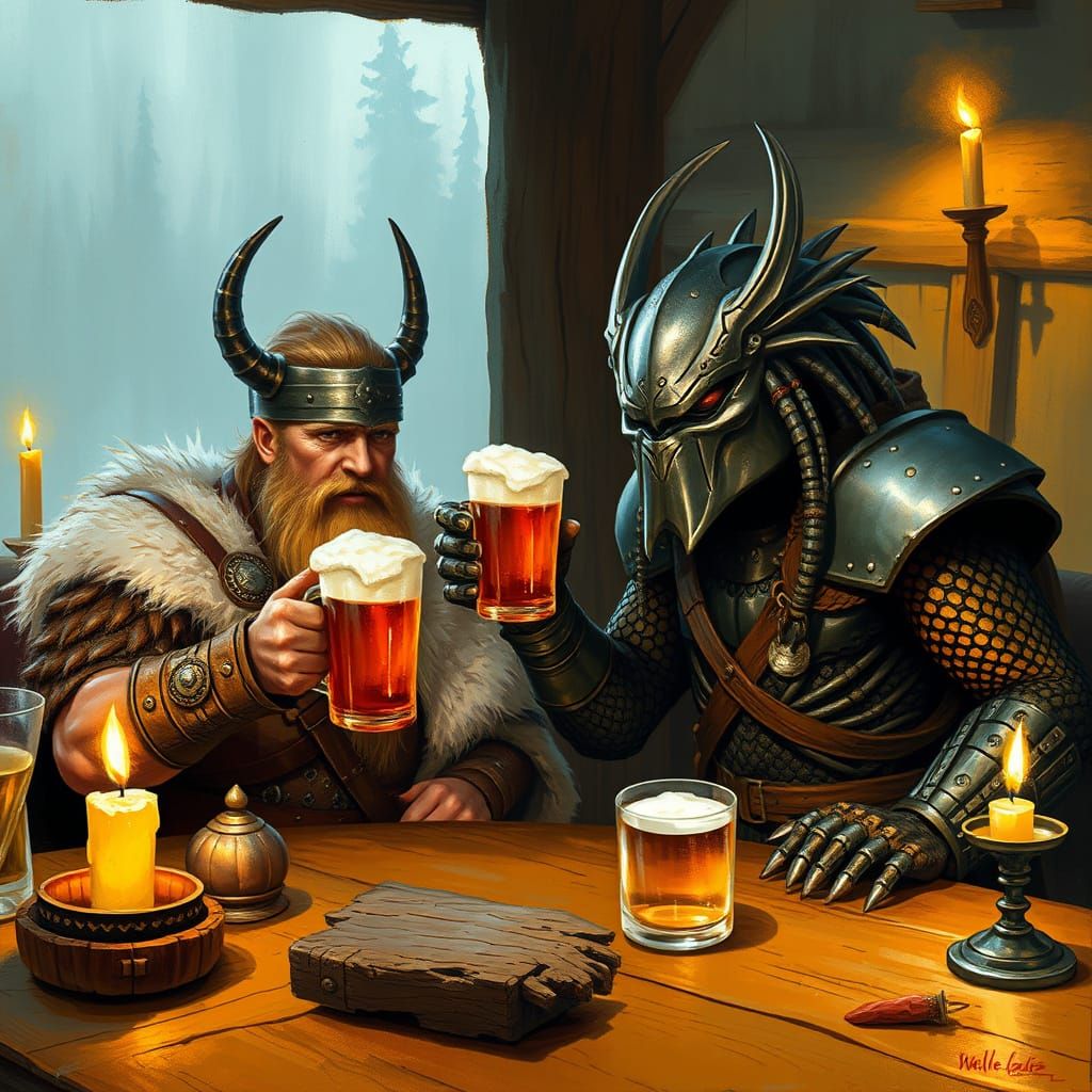 Viking Warrior Toasts with Fierce Predator in Cozy Longhouse