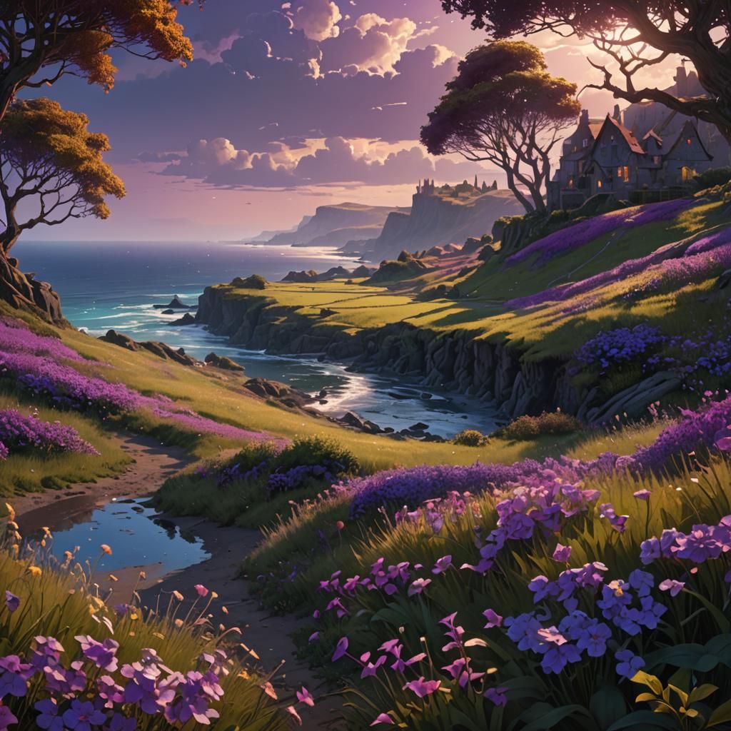 Colorful Fields Meet the Ocean: Dark Fantasy Art