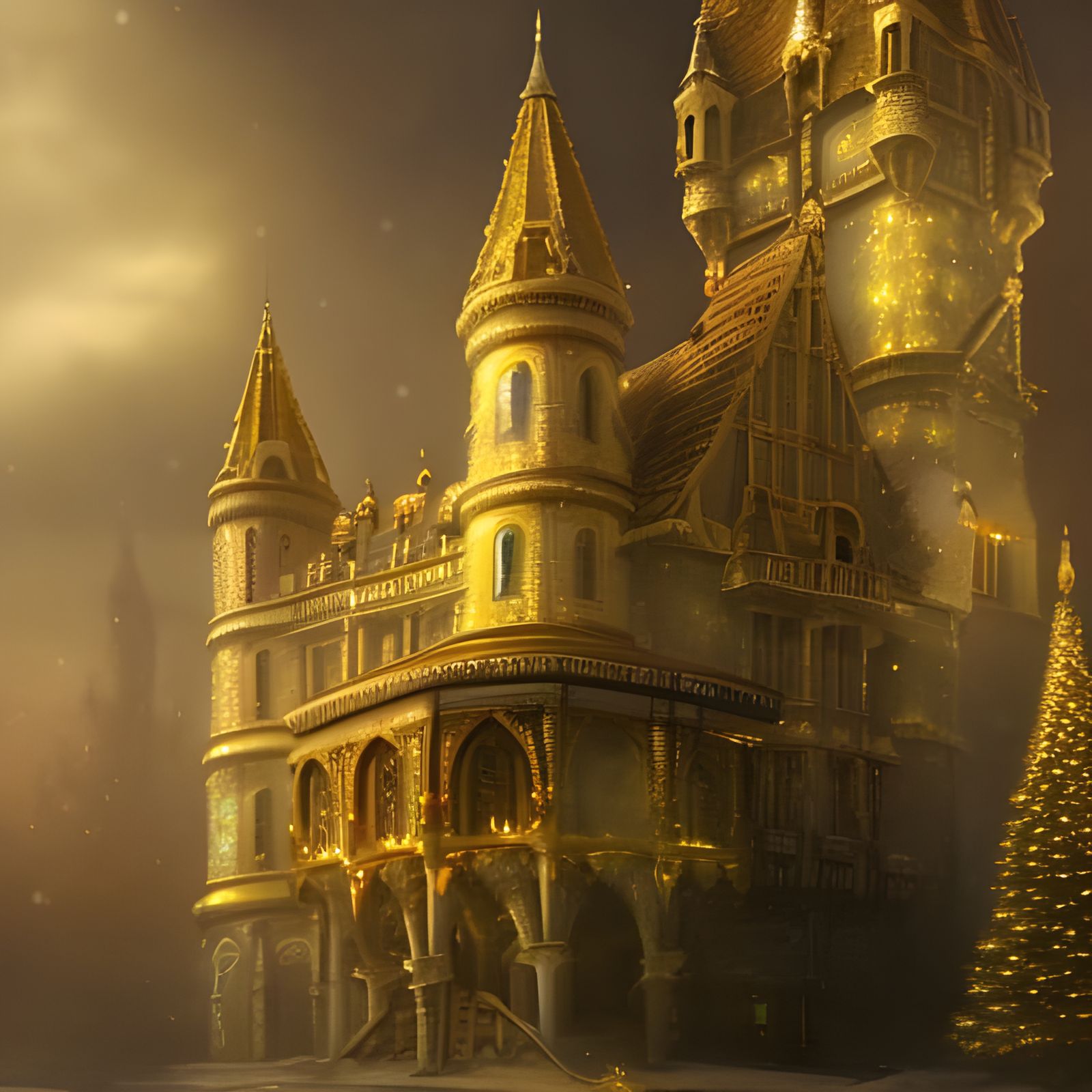 French Christmas Castle in Gold and Yellow Haze