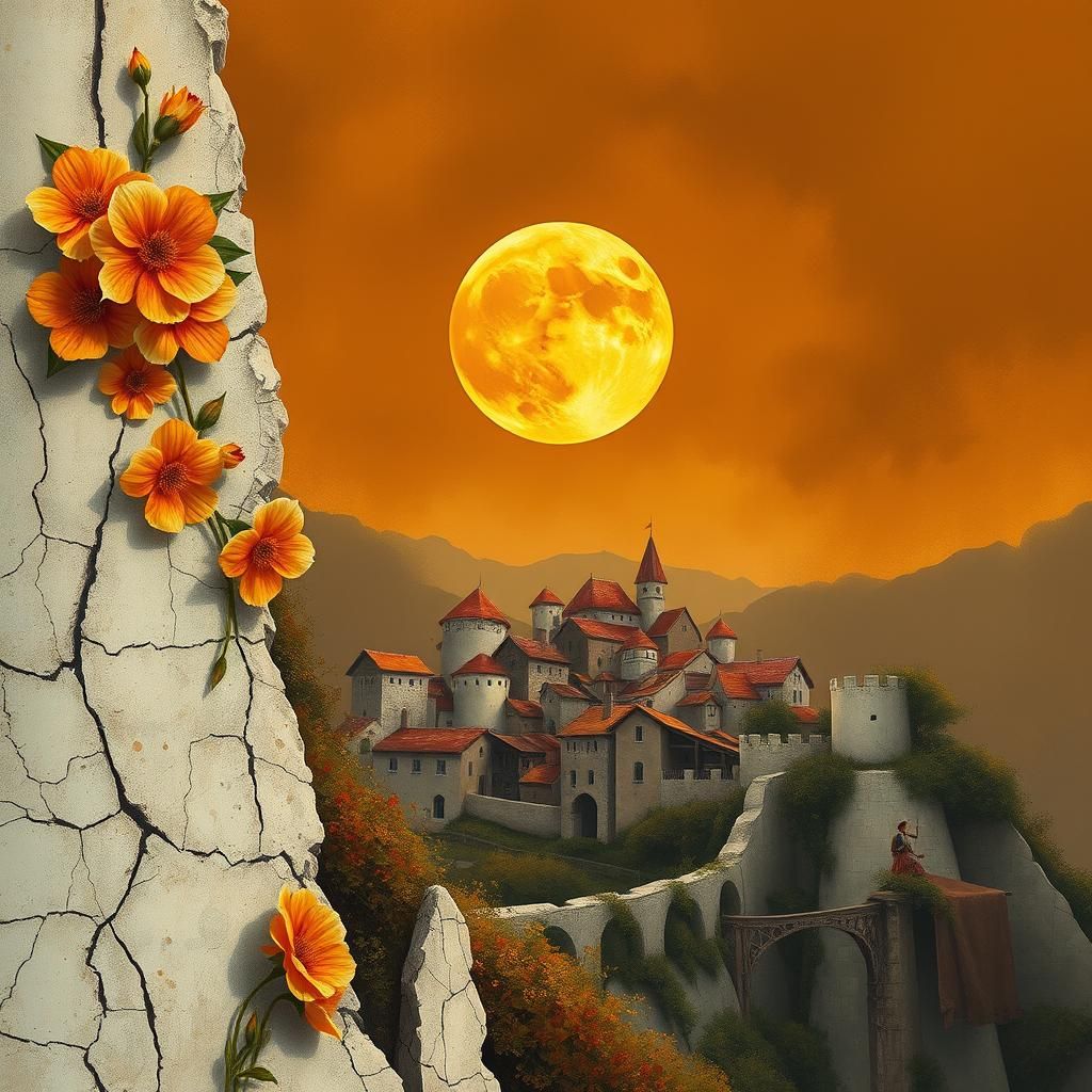 Mystical Moon Over Medieval Village Digital Art