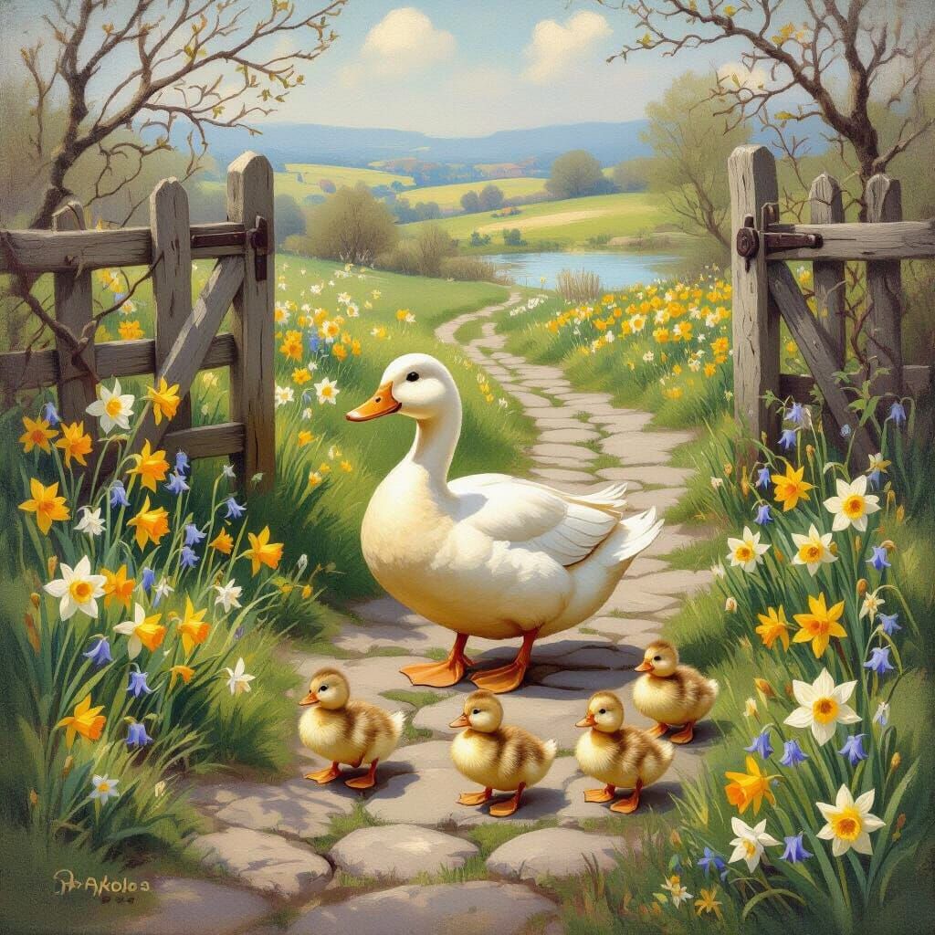 Spring Meadow Ducklings in Vintage Oil Painting