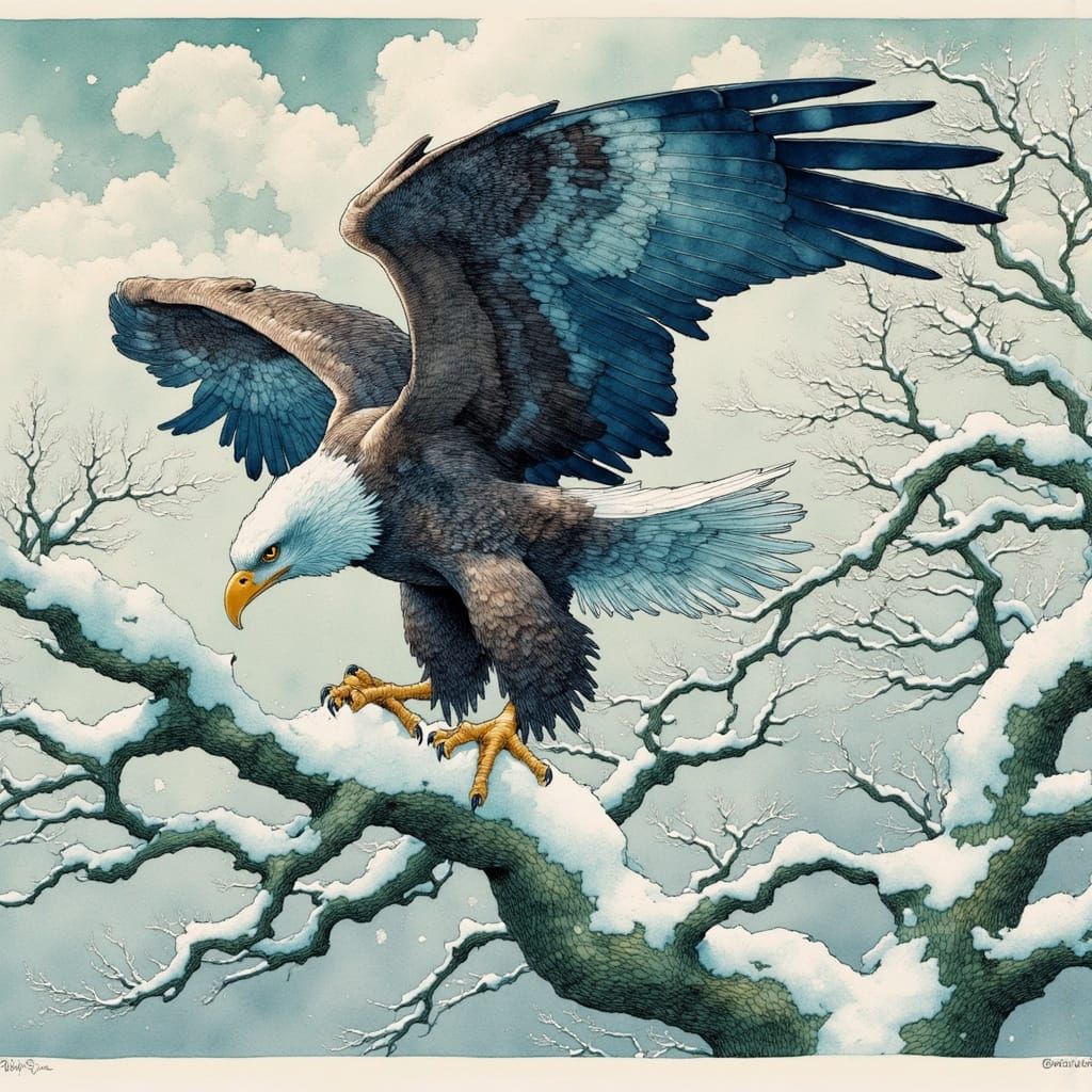 Elegant Eagle Perched on Snowy Tree Bough in Painterly Style