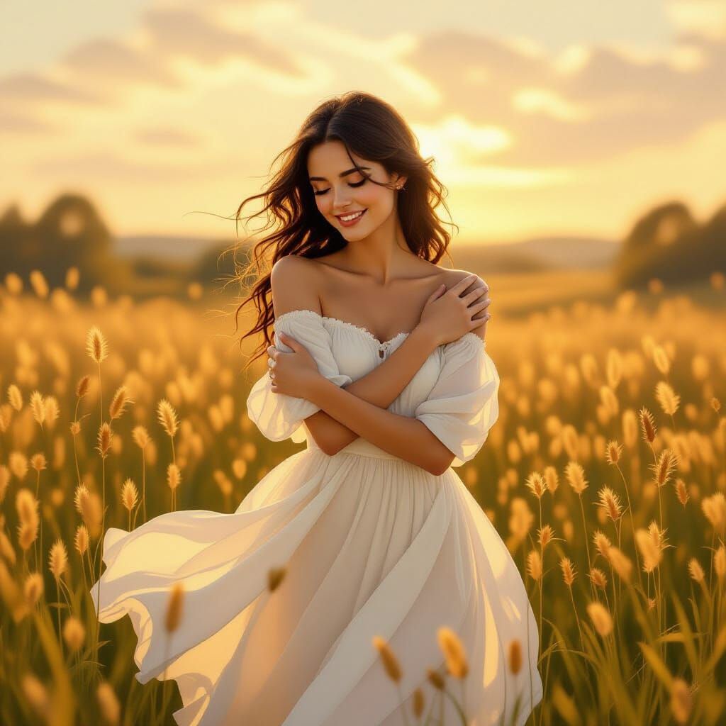 Woman in Golden Light: Whimsical Digital Art