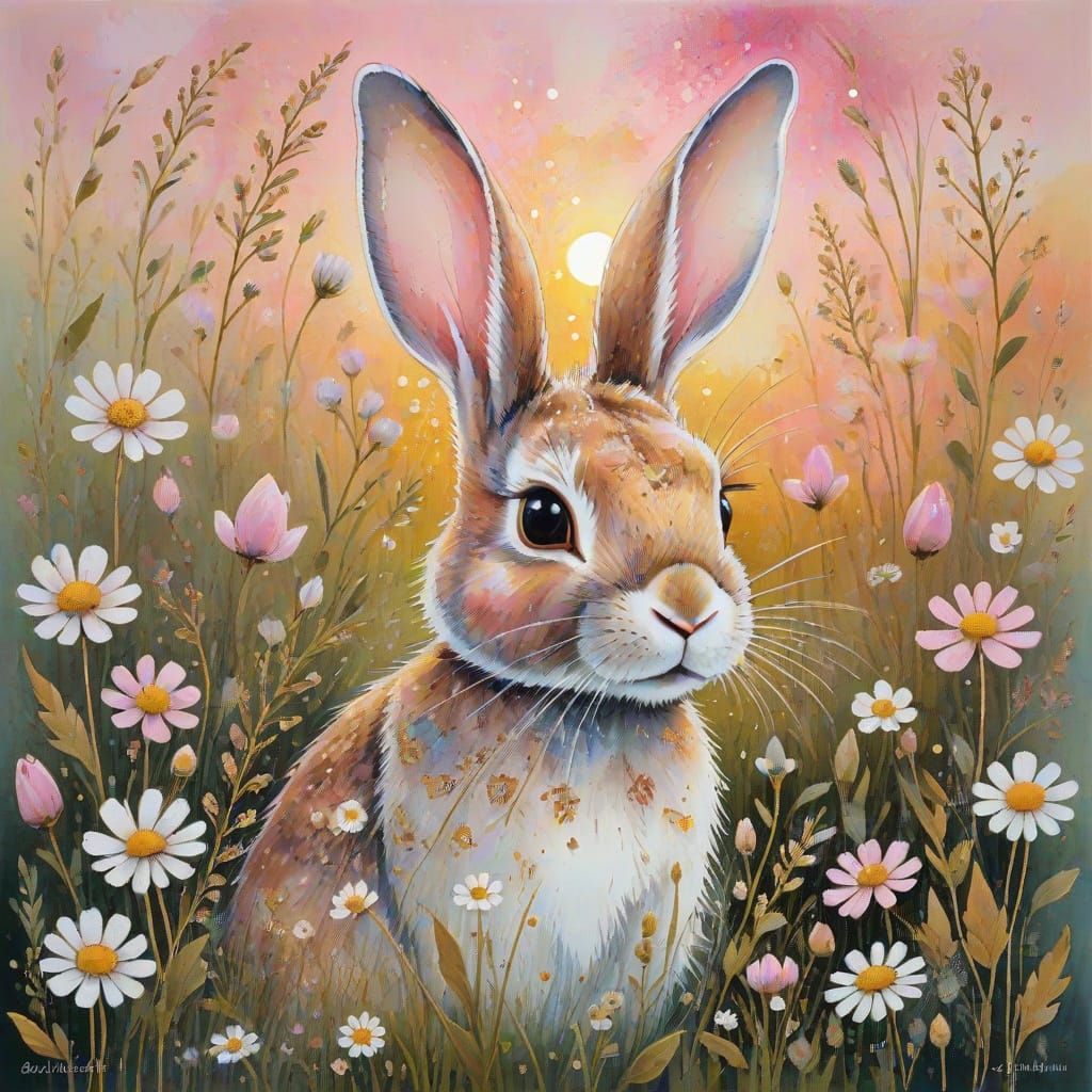 Cute Rabbit in Meadow at Sunrise, Watercolor Style