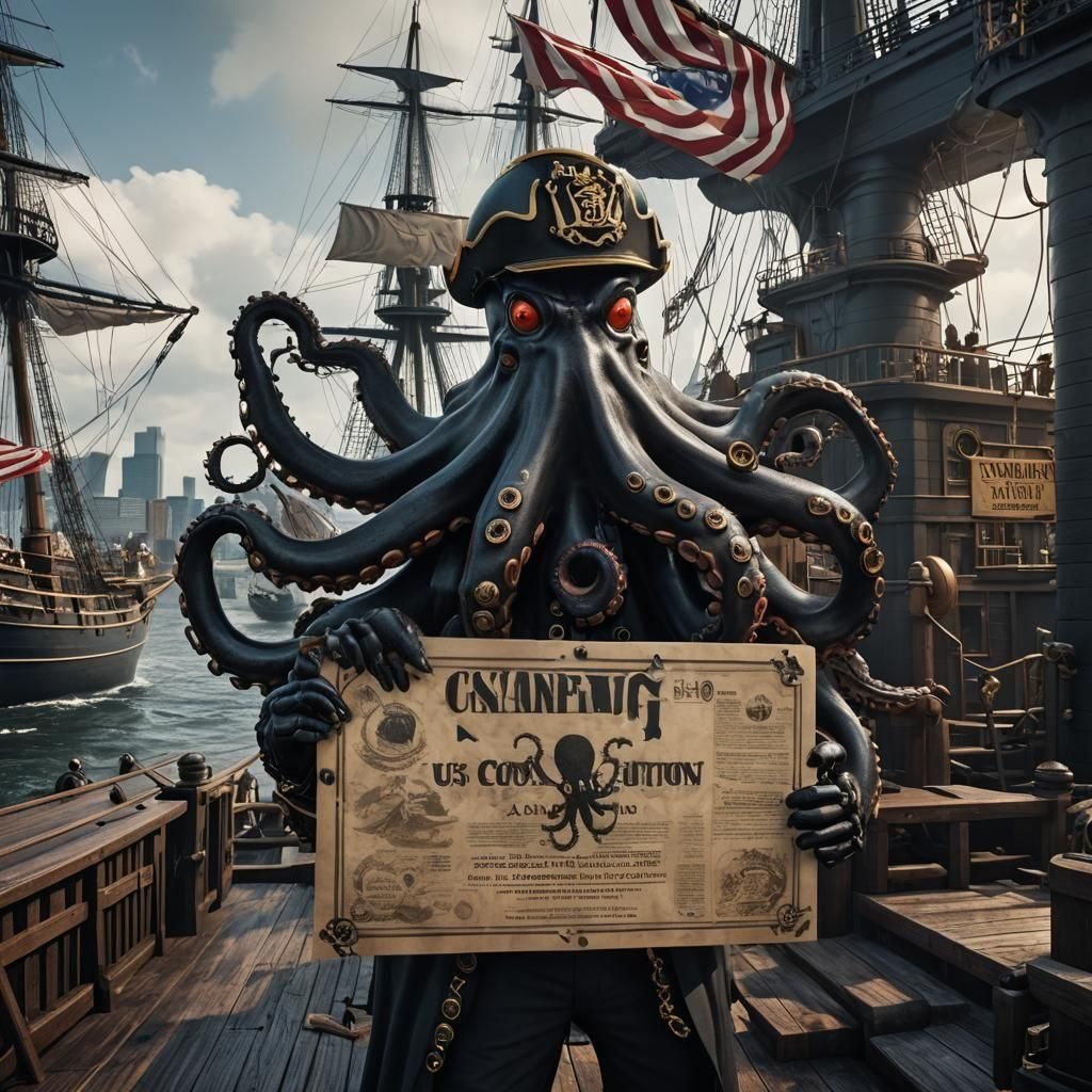 Octopus Guarding USS Constitution: Detailed Matte Painting