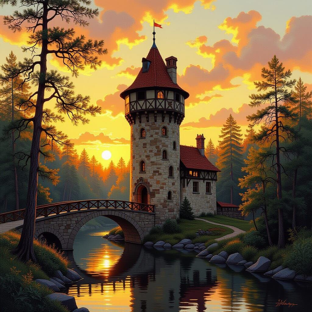 Medieval Tower Over Bridge in Forest, Oil Painting Style
