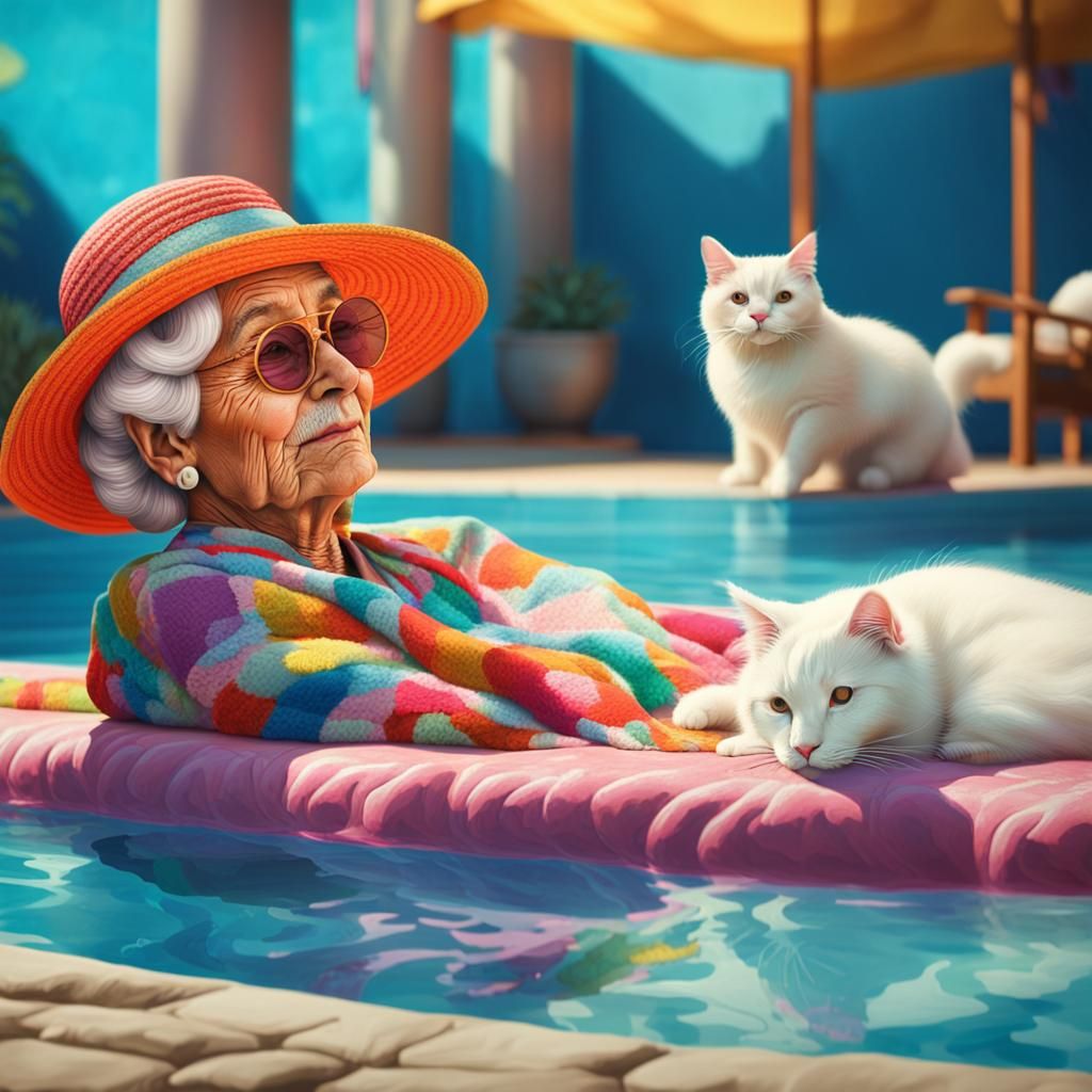 Hyperrealistic Old Woman with Cat on Hat