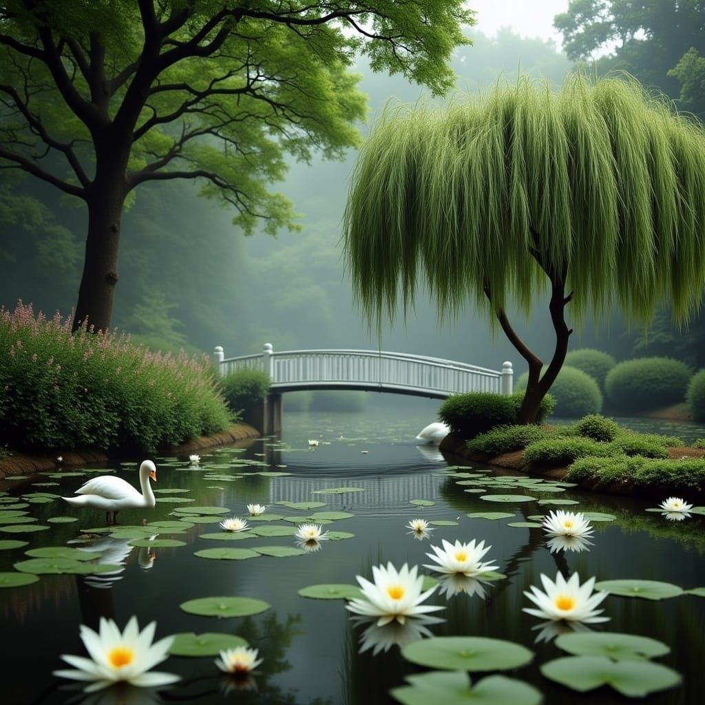 Romantic Park Scene with Pond and Swans