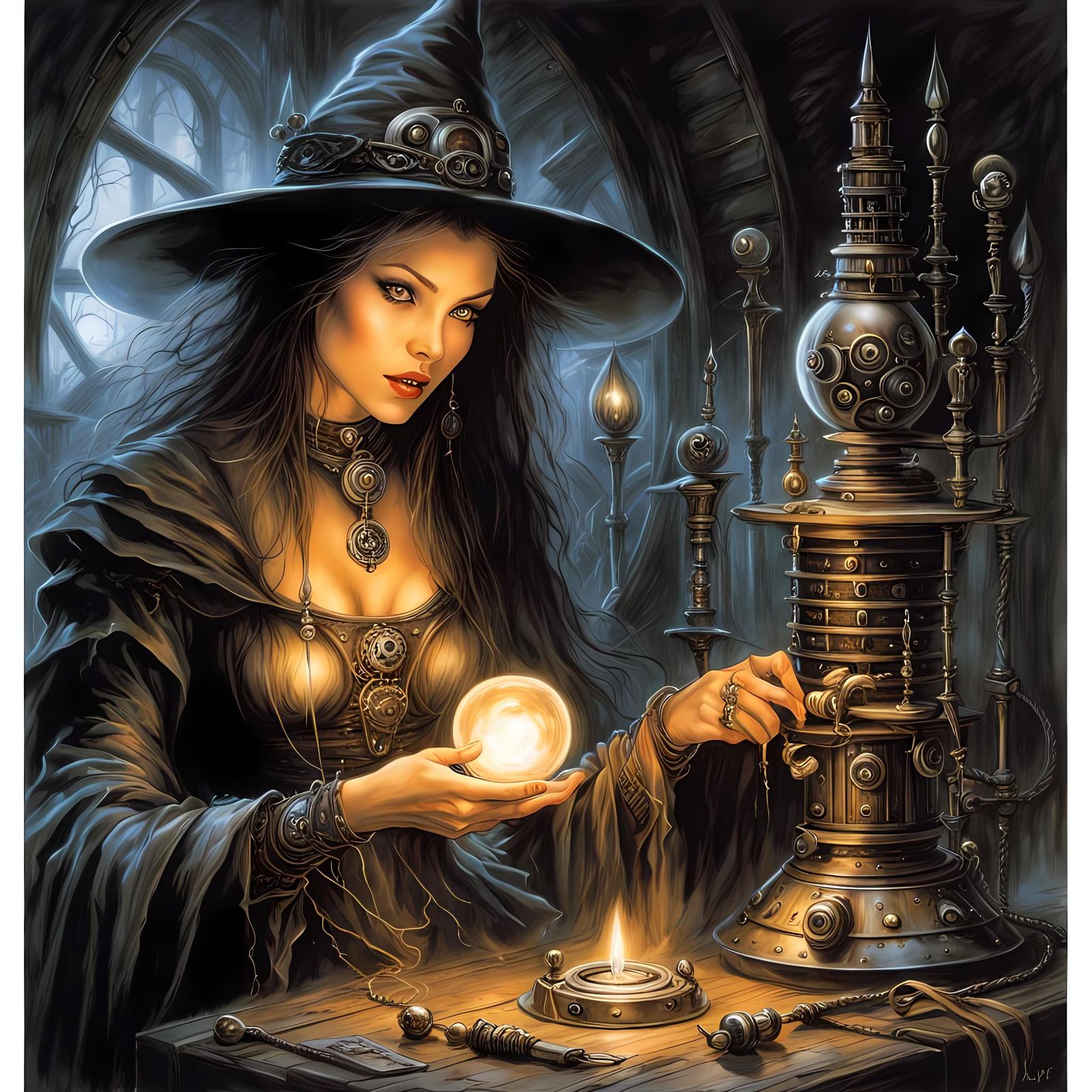 Witch Tinkering with Cursed Device: Comic Illustration