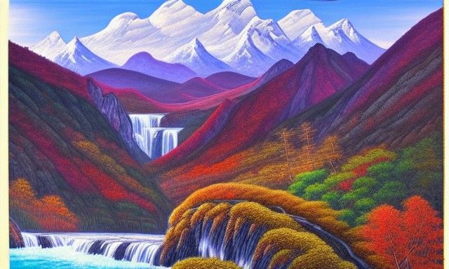 Kazuo Oga Style Landscape Painting with Waterfall