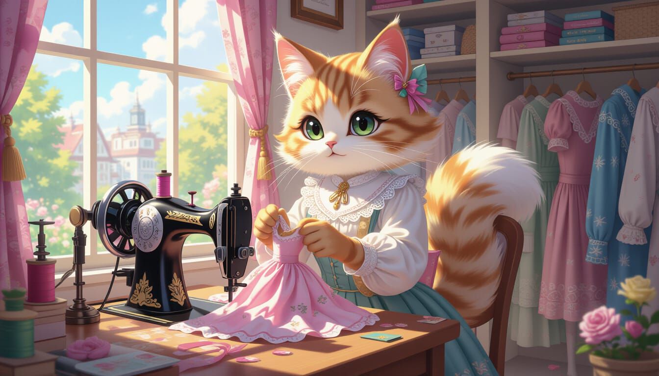 Anthropomorphic Cat Seamstress Creates Victorian Dress