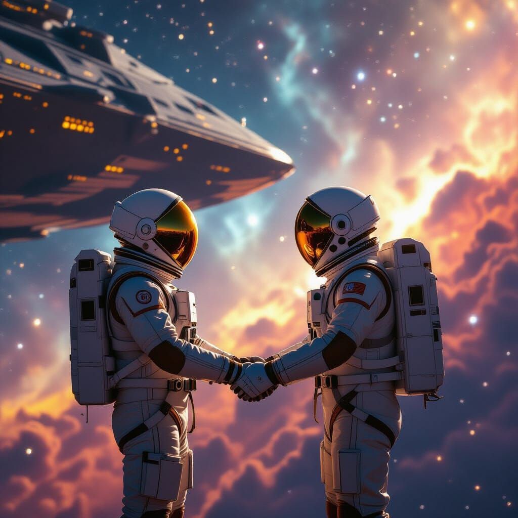 Astronauts in Nebula with Spaceship, Cinematic Still