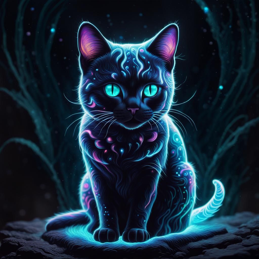 Bioluminescent Cat in Holographic Cosmic Illustration