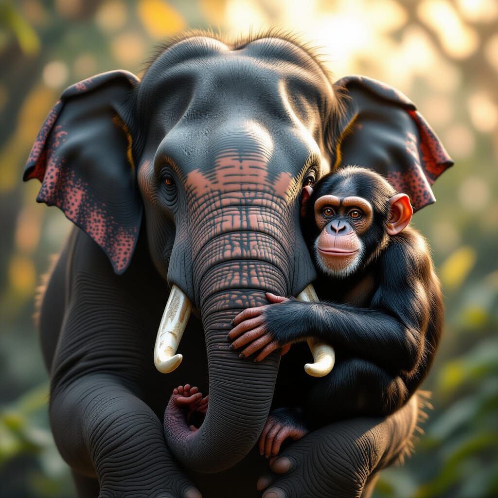 Elephant and Chimpanzee Portrait in Hyperdetailed Style