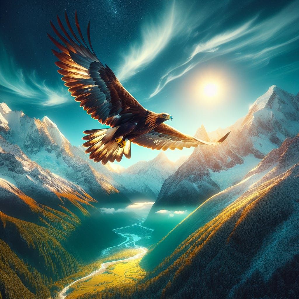 Golden Eagle in Flight Over Snowy Mountains