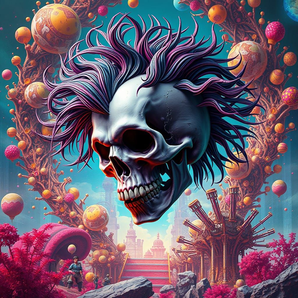 Cyberpunk Skull in Dreamlike Industrial Landscape