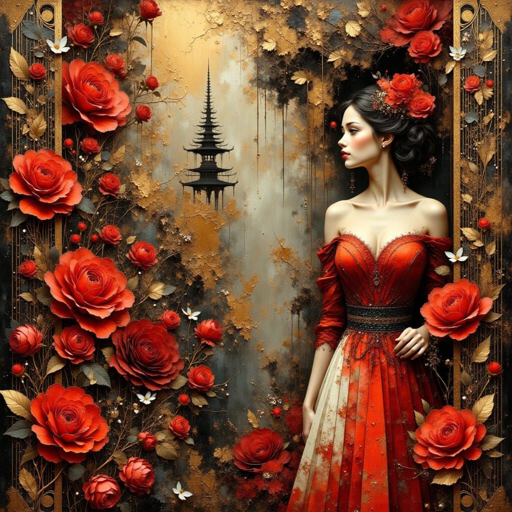 Surreal Red Rose Garden Art Deco Portrait