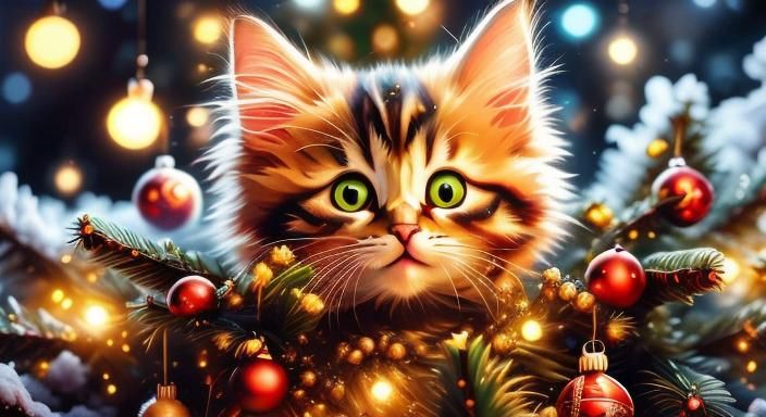 Cosy Christmas Scene with Adorable Maincoon Kitten