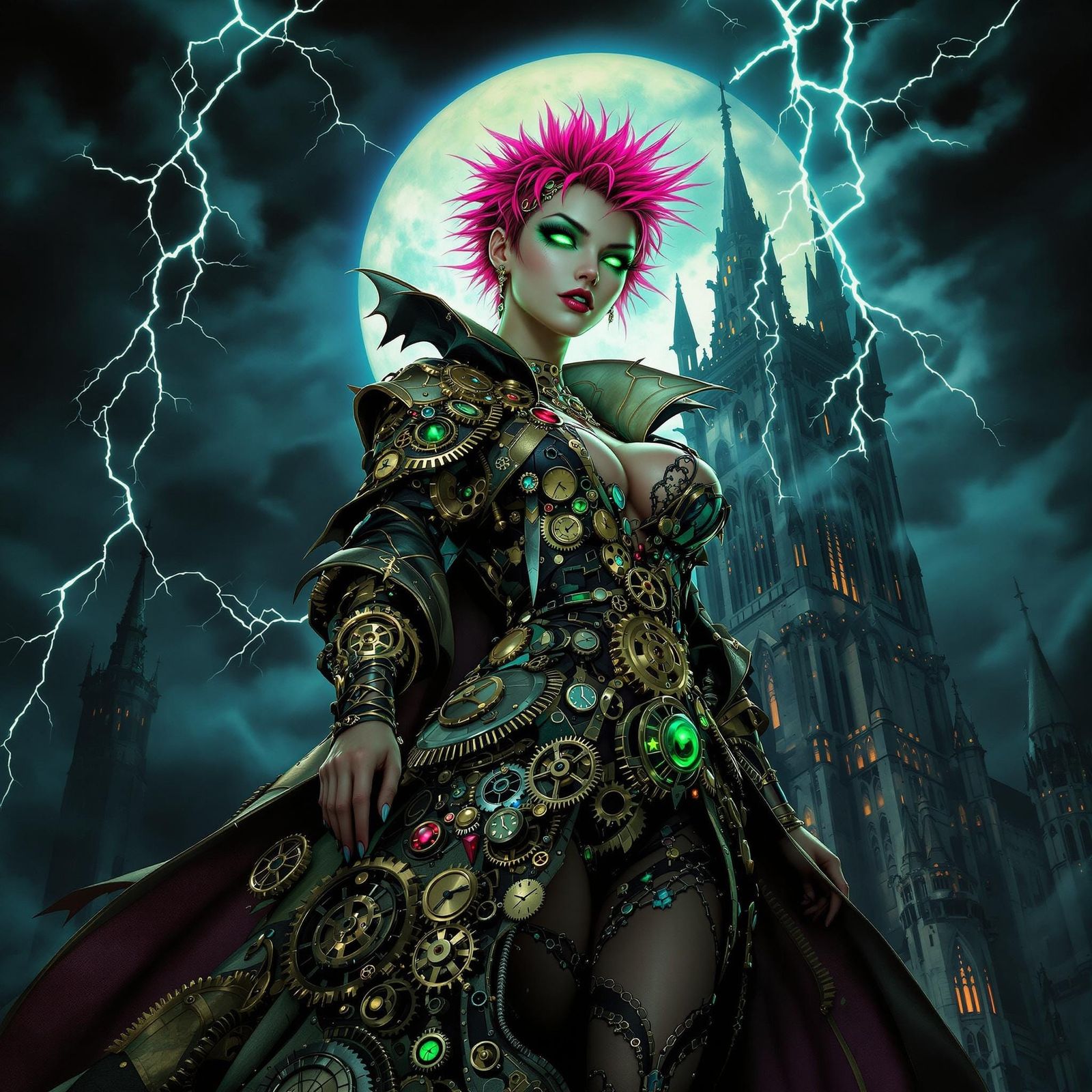 Dieselpunk Enchantress on Gothic Cathedral in Moonlight