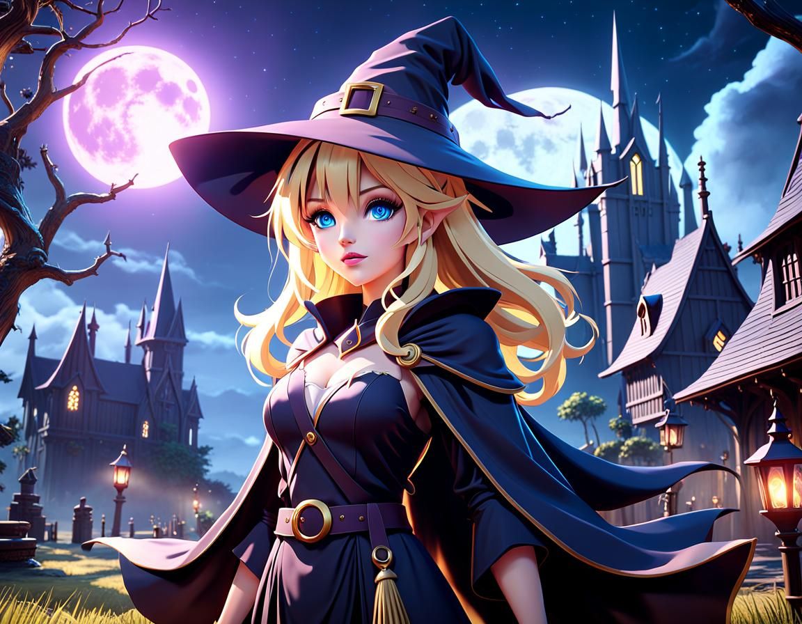 Anime Witch Under Moonlight in Ethereal Forest